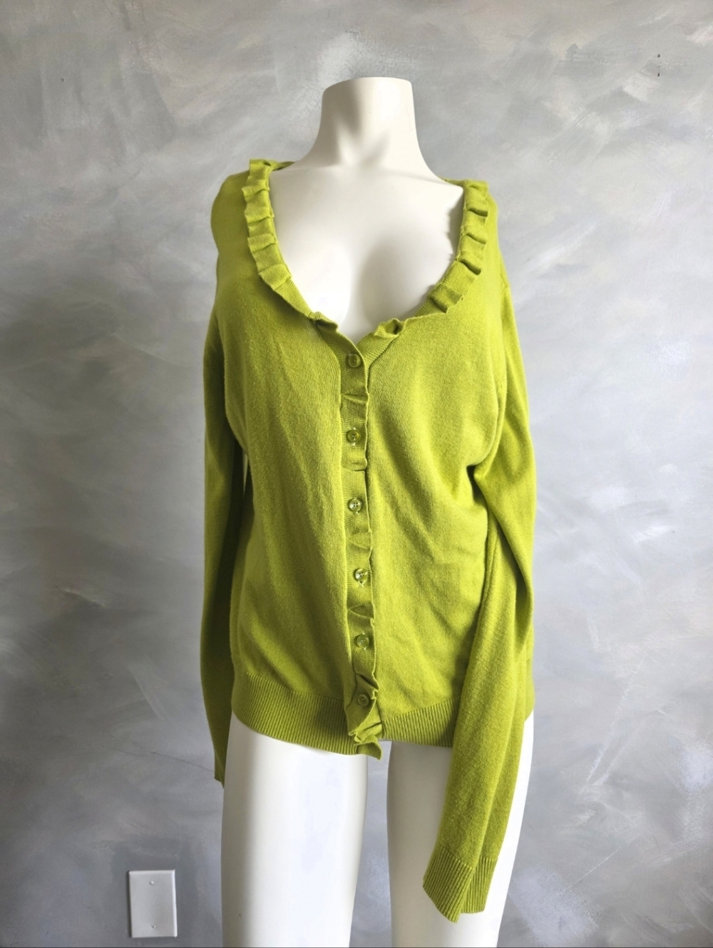 Kenneth Cole Reaction Chartreuse Ruffle Front & Collar Cardigan Sweater Size L